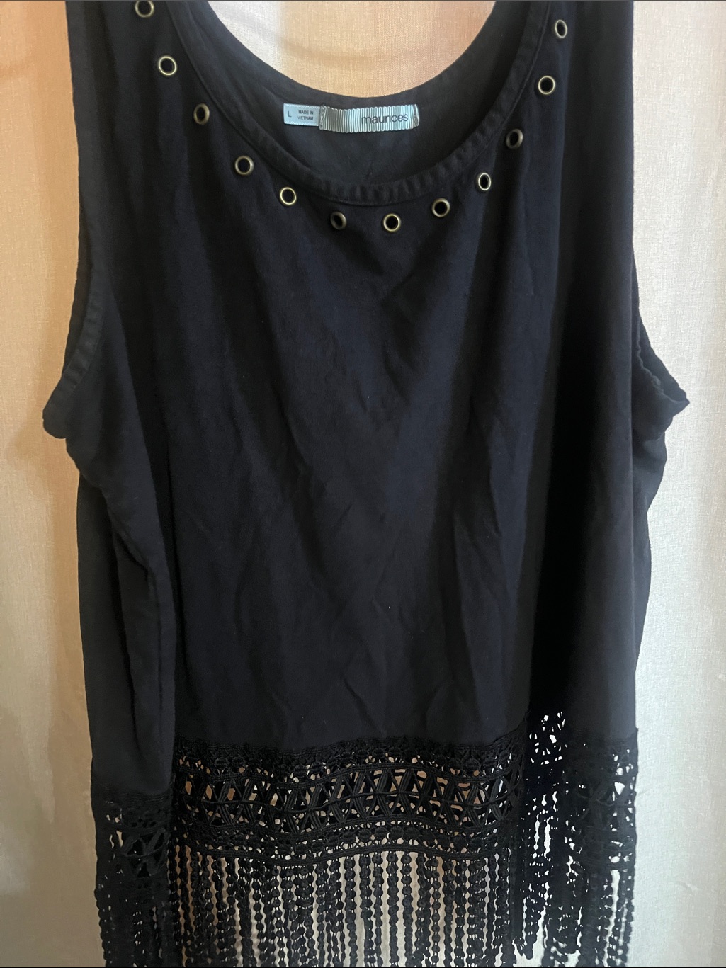 Maurices Black Tank With Eyelet Neckline And Crocheted Fringe